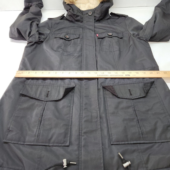 Levi's Women's Cotton Nylon Faux Fur Hooded Sherpa Parka Jacket Black Large - Picture 5 of 12